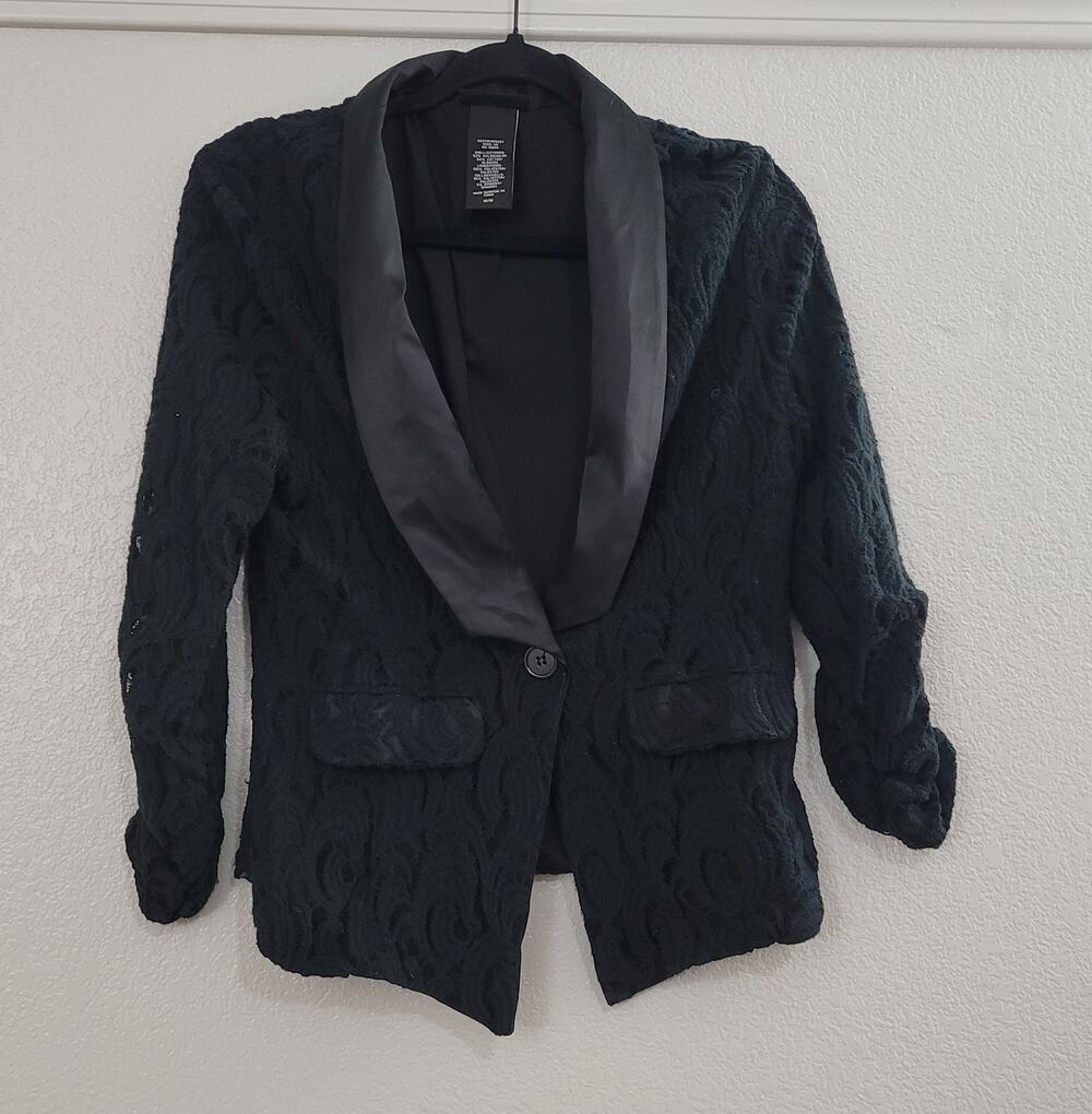 Metaphor Womens M Black Lace Blazer Satin Shawl Collar One Button Jacket